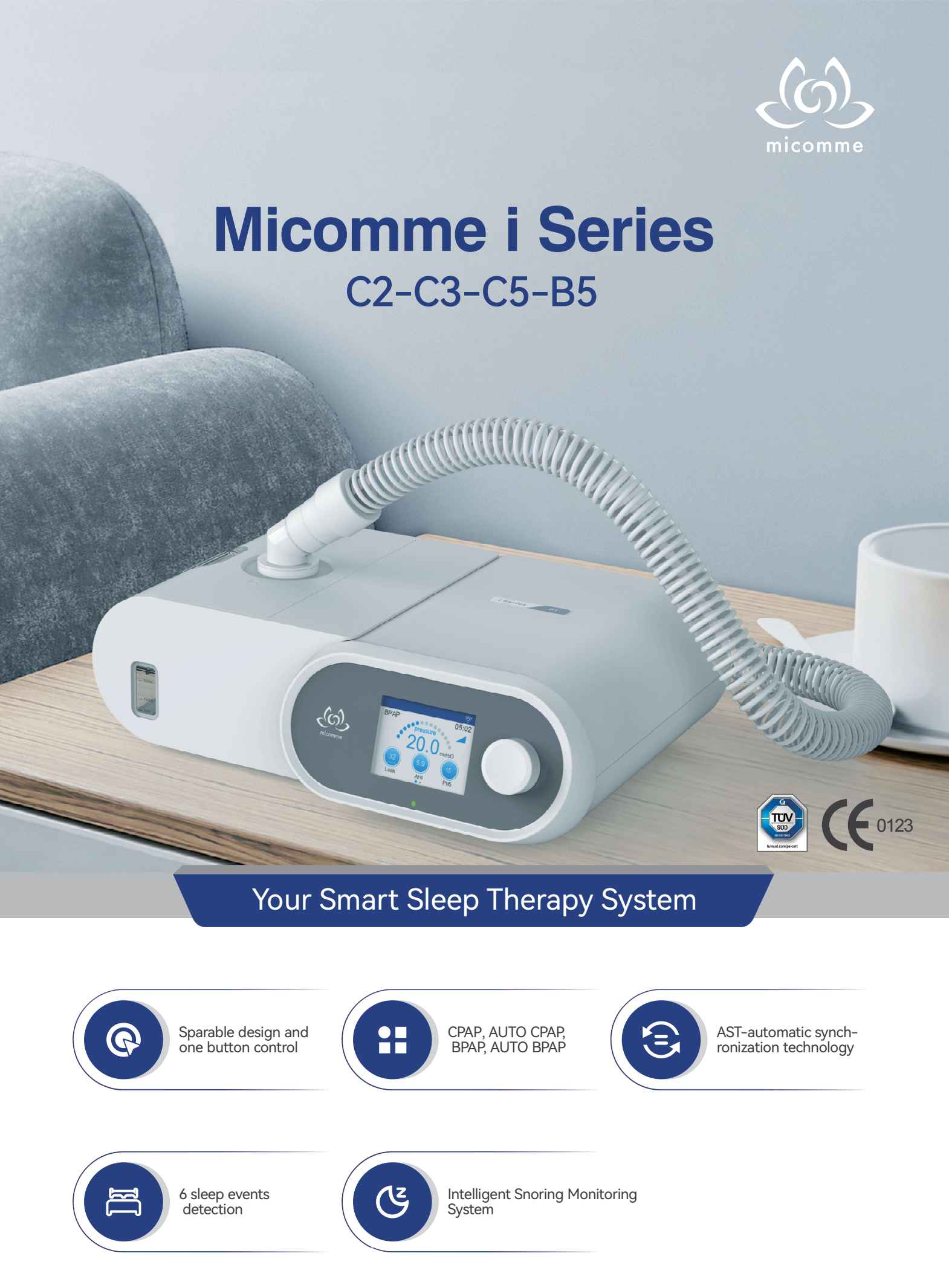 เครื่องช่วยหายใจ (Auto CPAP) Micomme รุ่น C5 ลดการนอนกรน หยุดหายใจขณะหลับ เครื่อง CPAP เครื่องช่วยหายใจชนิดแรงดันบวกต่อเนื่อง เครื่องแก้นอนกรน